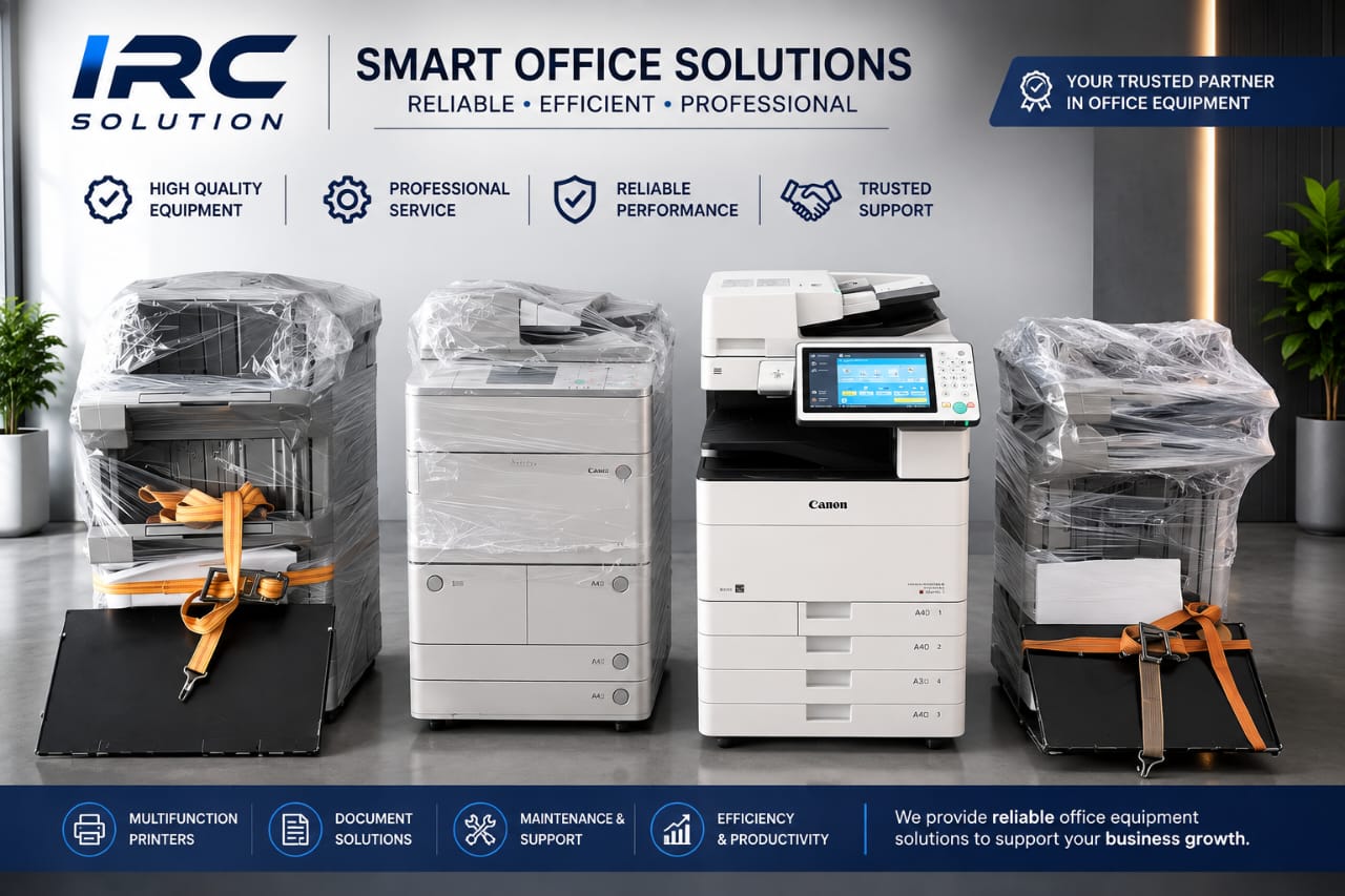 Canon multifunction printers with touchscreen control panels, showing paper drawers and finishing options