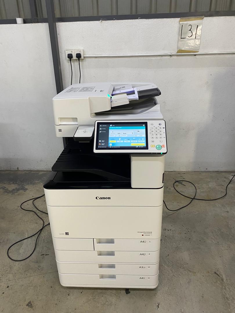 Canon imageRUNNER ADVANCE unit tagged and staged in the warehouse